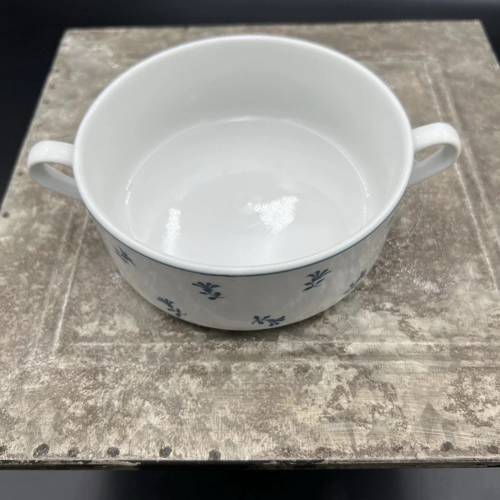 Pillivuyt France Blue Sprig Double Handled Soup Bowl Bouillon Porcelain 3913